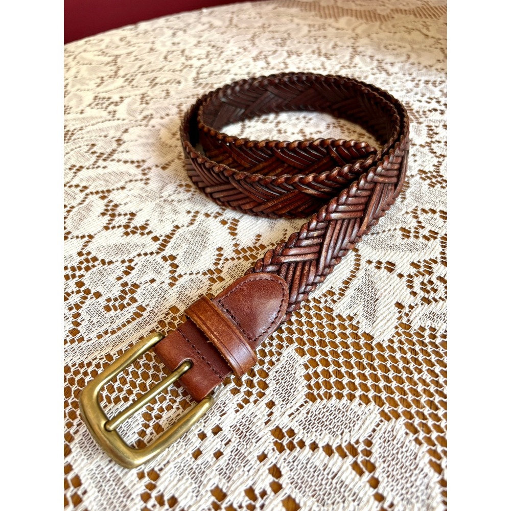 Vintage Woven brown Cowhide Leather Belt Solid Brass Buckle Vegetable Tanned 38
